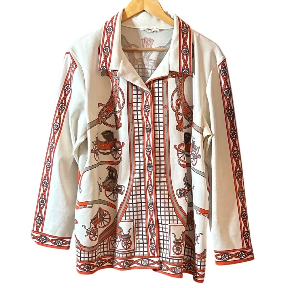 Vintage Trissi Equestrian Horse Carriage Scarf Print Button Down Shirt White L